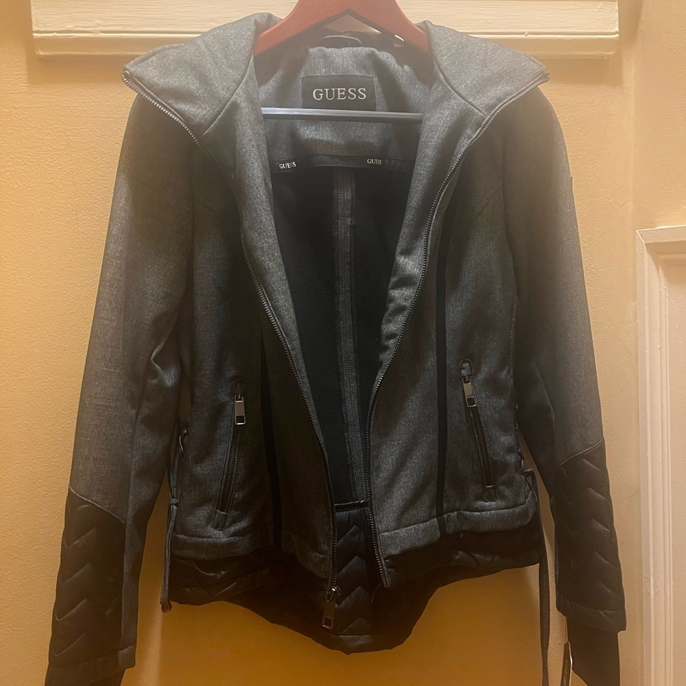 GUESS Women's Black and Gray Mixed Media Jacket